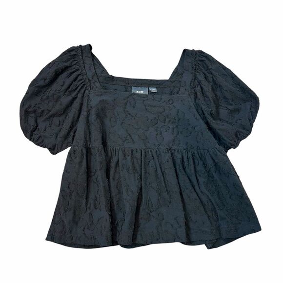 Anthropologie Maeve Batia Babydoll Top XL Black Puff Sleeve Textured Square neck - Picture 7 of 13